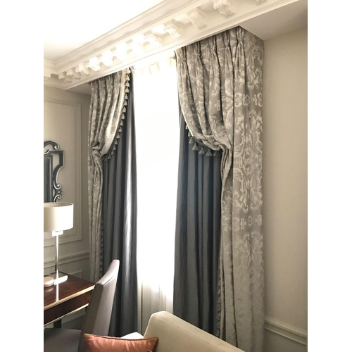 2215 - 2 x Pair Of Gold And Silver Silk Drapes And Jabots With Tie Backs Span 255 x 190cm (Room 424)