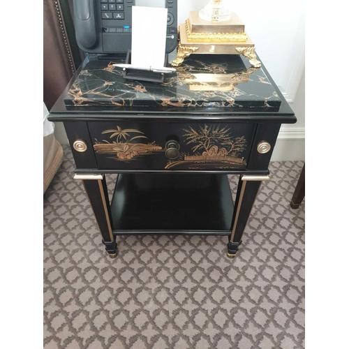 502 - A Pair Of Marble Top Chinoiserie Black Lacquer Nightstands With Single Drawer With Hand Painted Deta... 