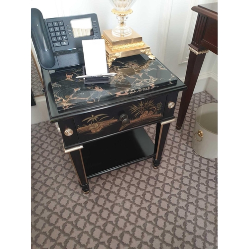 502 - A Pair Of Marble Top Chinoiserie Black Lacquer Nightstands With Single Drawer With Hand Painted Deta... 