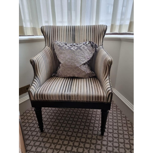 504 - Wing Back Accent Chair In Grey Stripe Upholstery On Hardwood Dark Stain Base 55 x 50 x 94cm (Ro... 