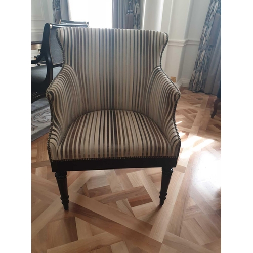 520 - Wing Back Accent Chair In Grey Stripe Upholstery On Hardwood Dark Stain Base 55 x 50 x 94cm (Room 30... 