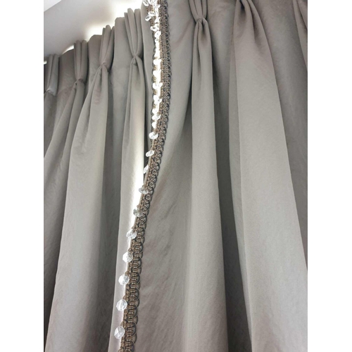 535 - A Pair Of Silk Drapes With Crystal Bead Trim And Aztec Style Jabots With Tie Backs Span 150 x 260cm ... 