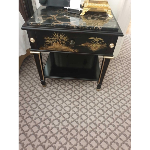 543 - A Pair Of Marble Top Chinoiserie Black Lacquer Nightstands With Single Drawer With Hand Painted Deta... 