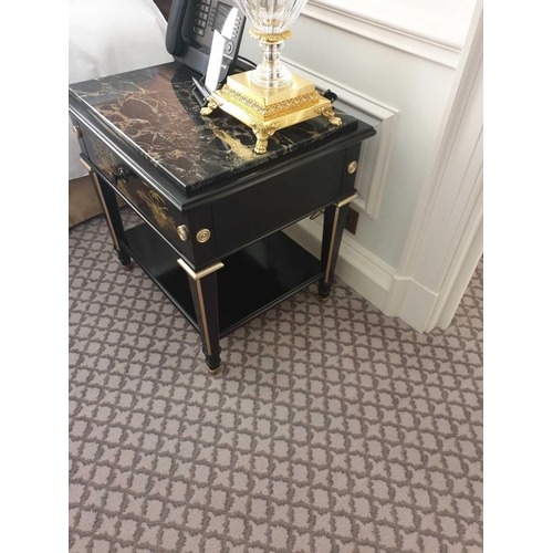 543 - A Pair Of Marble Top Chinoiserie Black Lacquer Nightstands With Single Drawer With Hand Painted Deta... 