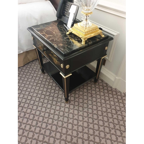 543 - A Pair Of Marble Top Chinoiserie Black Lacquer Nightstands With Single Drawer With Hand Painted Deta... 