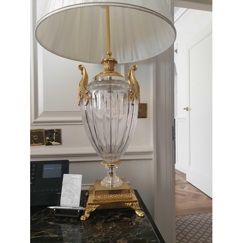 544 - A Pair Of Laudarte Crystal Table Lamps Inserts And Decorations In 24ct Gold With Shade 95cm Tall (Ro... 