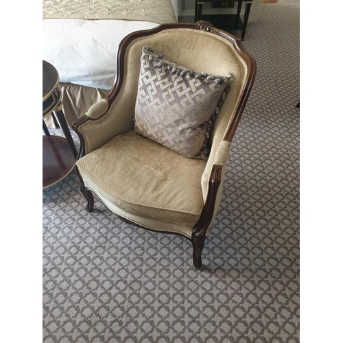 549 - A Pair Of Louis XV Style Bergere The Slightly Flared Arms Have Upholstered Armrests Upholstery Is A ... 