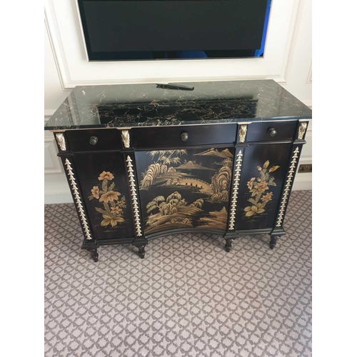 550 - Black Lacquer Hand Decorated Chinoiserie Serpentine Commode By Restall Brown And Clennell The Six Dr... 