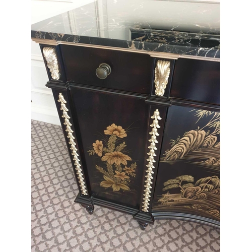 550 - Black Lacquer Hand Decorated Chinoiserie Serpentine Commode By Restall Brown And Clennell The Six Dr... 