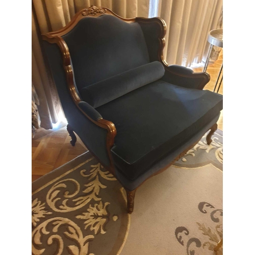 557 - Louis XV Style Loveseat Mahogany Carved With Floral Patina And Cabriole Legs Blue Upholstered 100 x ... 