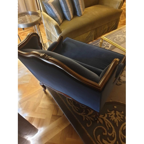 557 - Louis XV Style Loveseat Mahogany Carved With Floral Patina And Cabriole Legs Blue Upholstered 100 x ... 