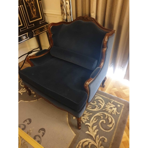 557 - Louis XV Style Loveseat Mahogany Carved With Floral Patina And Cabriole Legs Blue Upholstered 100 x ... 