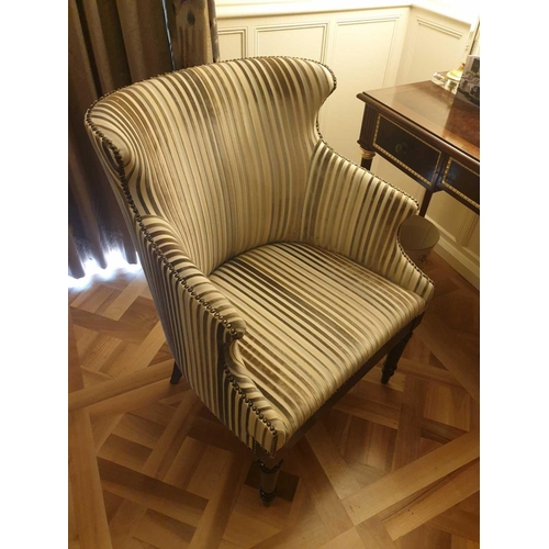 563 - Wing Back Accent Chair In Grey Stripe Upholstery On Hardwood Dark Stain Base 55 x 50 x 94cm (Room 30... 