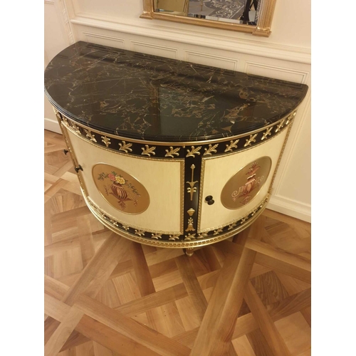 569 - Adam Style Demilune Commode Cabinet With Classical Painted Scenes And Gilded Decoration With Marble ... 