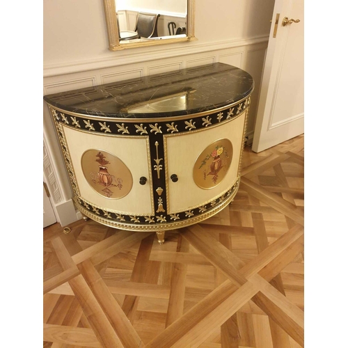 569 - Adam Style Demilune Commode Cabinet With Classical Painted Scenes And Gilded Decoration With Marble ... 