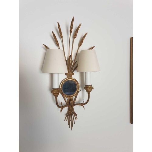 570 - A Pair Of Wall Appliques Twin Arm In A Elegant Wheatsheaf Motif And A Small Decorative Mirror Suppor... 