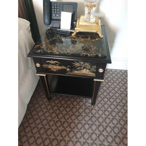 576 - A Pair Of Marble Top Chinoiserie Black Lacquer Nightstands With Single Drawer With Hand Painted Deta... 