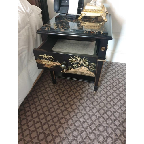 576 - A Pair Of Marble Top Chinoiserie Black Lacquer Nightstands With Single Drawer With Hand Painted Deta... 