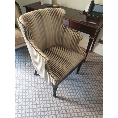 582 - Wing Back Accent Chair In Grey Stripe Upholstery On Hardwood Dark Stain Base 55 x 50 x 94cm (Room 30... 