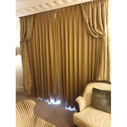 589 - A Pair Of Silk Drapes With Crystal Bead Trim And Gold Woven Floral Design Style Jabots With Tie Back... 