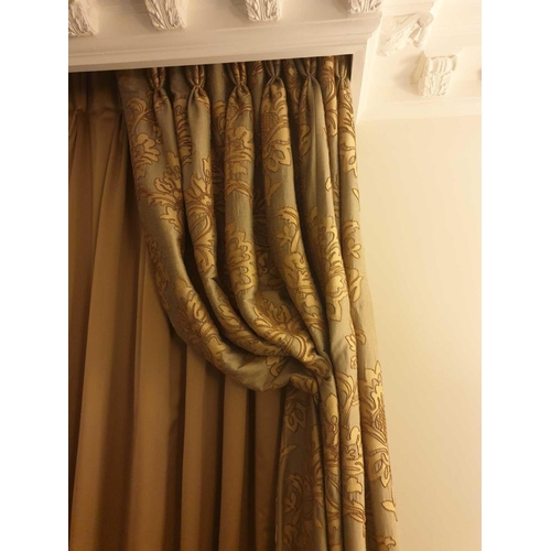 589 - A Pair Of Silk Drapes With Crystal Bead Trim And Gold Woven Floral Design Style Jabots With Tie Back... 