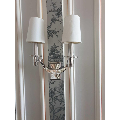 596 - A Pair Dernier And Hamlyn Olished Nickel Twin Arm Wall Sconces With Small Cream Shades 50cm (Room 30... 