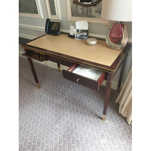 600 - Writing Desk High Gloss Ebony Wood With Tooled Leather Inlay Faux Central Drawer Flanked By Single D... 