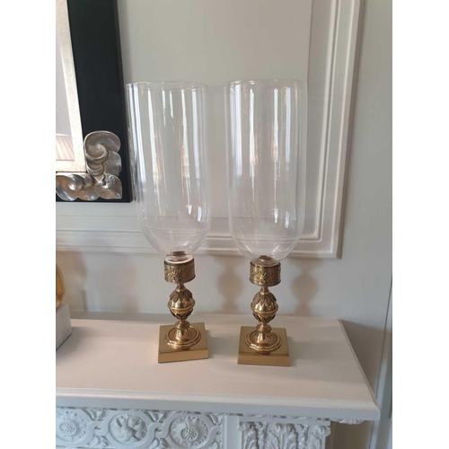 641 - A Pair Of Candle Holders With Tall Glass Shades And Brass Featuring Ornamental Design 42cm (Room 306... 