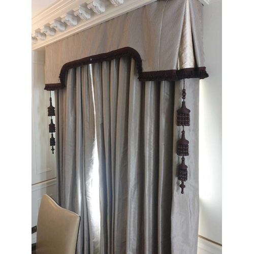 642 - A Pair Of Silk Drapes With Pelmet In Cream And Brown With Tasselled Trim And Two Large Brown Fabric ... 