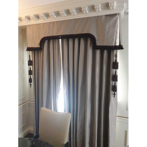 642 - A Pair Of Silk Drapes With Pelmet In Cream And Brown With Tasselled Trim And Two Large Brown Fabric ... 