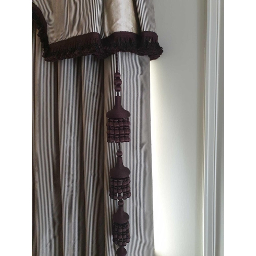 642 - A Pair Of Silk Drapes With Pelmet In Cream And Brown With Tasselled Trim And Two Large Brown Fabric ... 