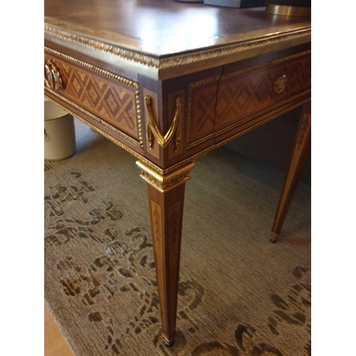 721 - Writing Desk High Gloss Ebony Wood With Tooled Leather Inlay Faux Central Drawer Flanked By Single D... 