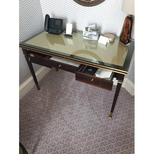 805 - Writing Desk With Tooled Leather Inlay Faux Central Drawer Flanked By Single Drawer And Flap Fitted ... 