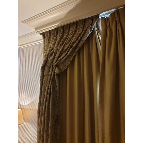 813 - A Pair Of Silk Drapes And Jabots Two-Tone Gold Floral 210 x 270cm (Room 316)