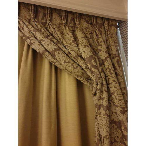 813 - A Pair Of Silk Drapes And Jabots Two-Tone Gold Floral 210 x 270cm (Room 316)