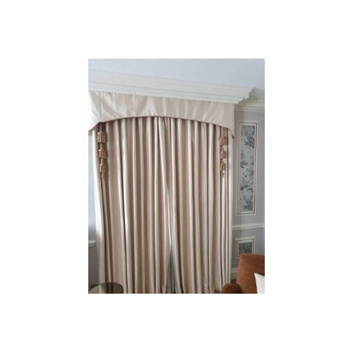 832b - A Pair Of Silk Fully Lined Drapes With Pelmet Solid Cream-Gold Colour With Copper Piping On Pelmet E... 