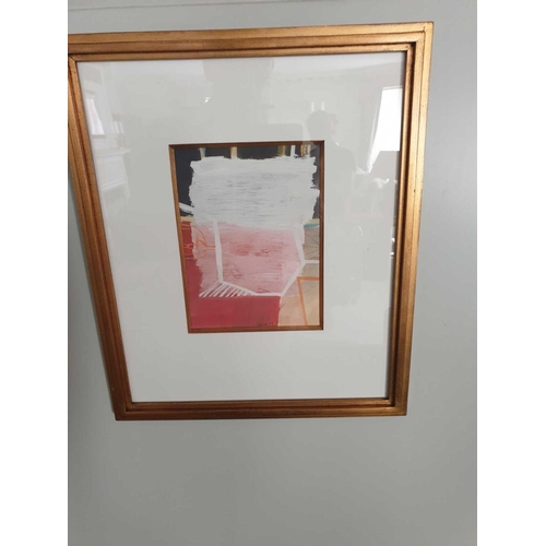 868 - Artwork Small Abstract Painting Signed By Artist C Spenny '09 Mounted In Wooden Frame Painted Gold 3... 