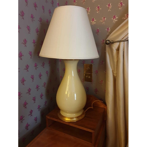 873 - A Pair Of Heathfield Ceramic Cream Glazed Lamps Body On Wooden Gold Brush-Painted Base Double Bulb C... 