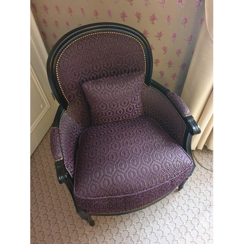 875 - A Pair Of Bergere Chair Black Wood Frame Upholstered In A Dark Mauve Pattern With Stud Pin Detail 66... 