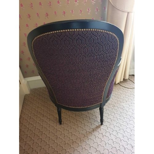 875 - A Pair Of Bergere Chair Black Wood Frame Upholstered In A Dark Mauve Pattern With Stud Pin Detail 66... 