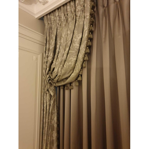 968 - A Pair Of A Silk Grey Drapes With Jabots Tassels In A Green And Silver Floral Pattern 210 x 250cm (R... 