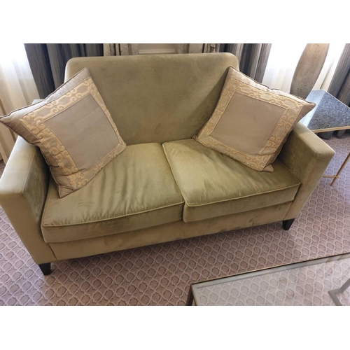 975 - Contemporary Two Seater Sofa In Gold Upholstery With Square Arms With Scatter Cushions 150 x 80 x 88... 