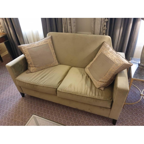 975 - Contemporary Two Seater Sofa In Gold Upholstery With Square Arms With Scatter Cushions 150 x 80 x 88... 