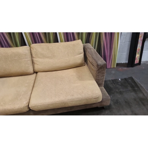 207 - A pair of large lobby sofas upholstered with loose cushions and polished metal legs 200 x 100 x 62cm... 