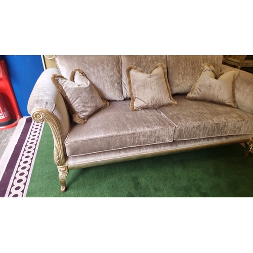 210 - MG Designs UK upholstered 3 seater sofa newly upholstered in Taupe fabric with gilded ornate carved ... 