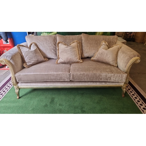 210 - MG Designs UK upholstered 3 seater sofa newly upholstered in Taupe fabric with gilded ornate carved ... 