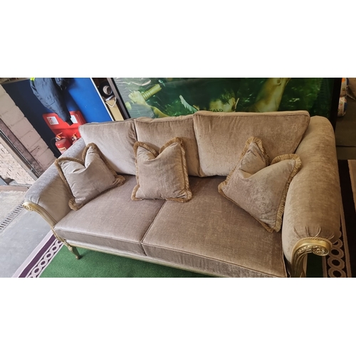 210 - MG Designs UK upholstered 3 seater sofa newly upholstered in Taupe fabric with gilded ornate carved ... 