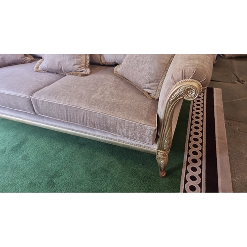 210 - MG Designs UK upholstered 3 seater sofa newly upholstered in Taupe fabric with gilded ornate carved ... 