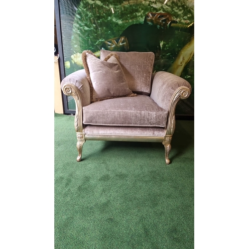 211 - MG Designs UK upholstered armchair newly upholstered in Taupe fabric with gilded ornate carved frame... 