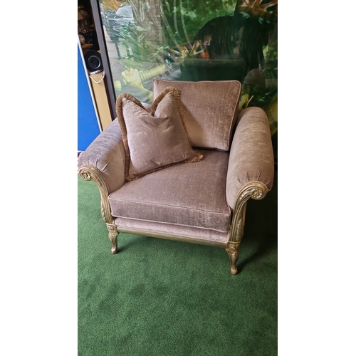 211 - MG Designs UK upholstered armchair newly upholstered in Taupe fabric with gilded ornate carved frame... 